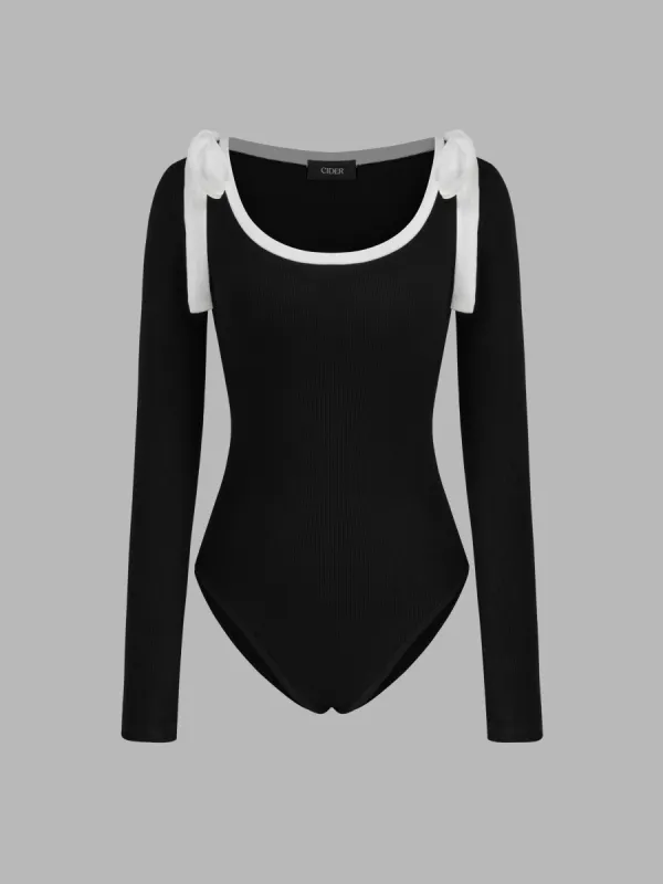 Round Neckline Solid Contrasting Binding Bowknot Long Sleeve Bodysuit sold by Cider