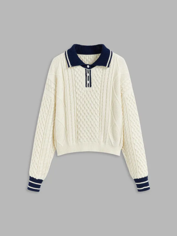 Cable Knit Polo Collar Solid Contrasting Binding  Sweater sold by Cider