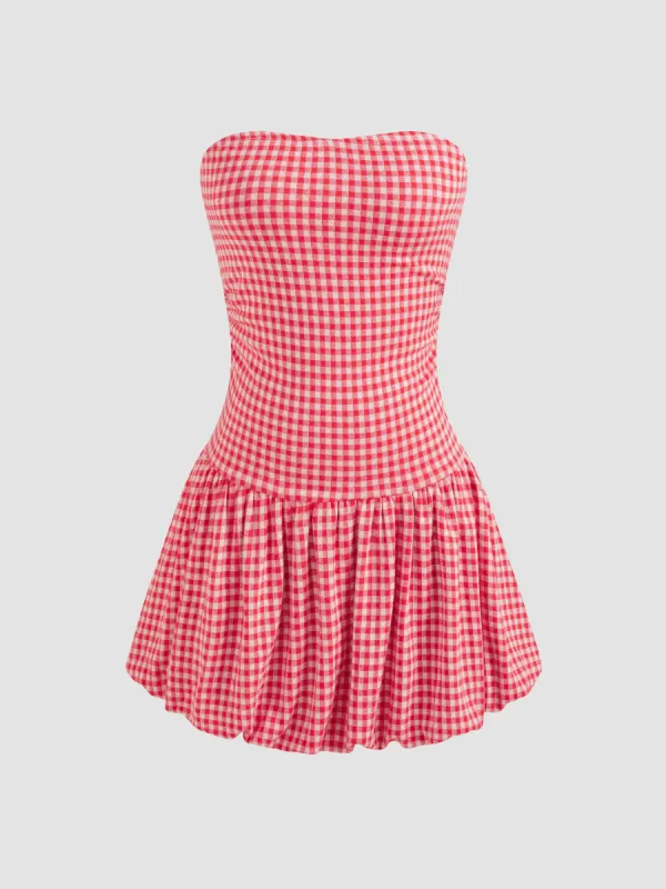 Strapless Gingham Bubble Hem Tube Mini Dress sold by Cider