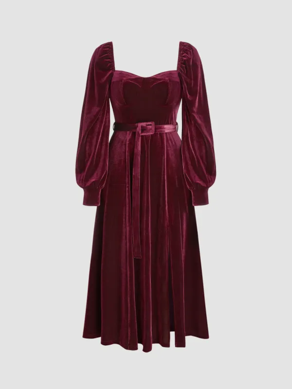Velvet Belted Puff Sleeve Midi Dress sold by Cider