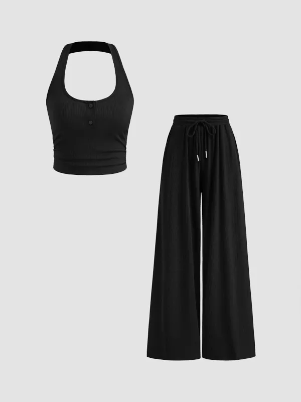 Halter Neckline Solid Crop Top With Mid Rise Solid Knotted Wide Leg Trousers made by Cider