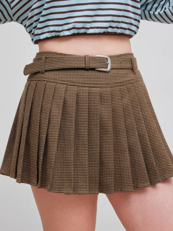Wool-like Mid Rise Houndstooth Pleated Skort With Belt sold by Cider