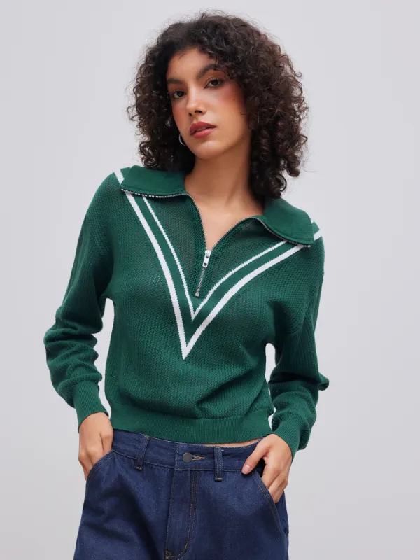 Knit Collar V Striped Zipper Long Sleeve Top sold by Cider