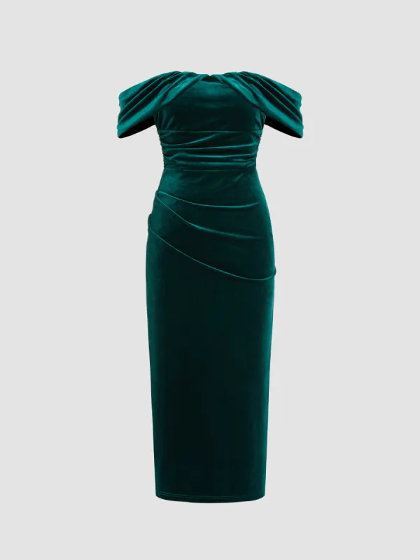 Velvet Off-shoulder Ruched Midi Dress sold by Cider