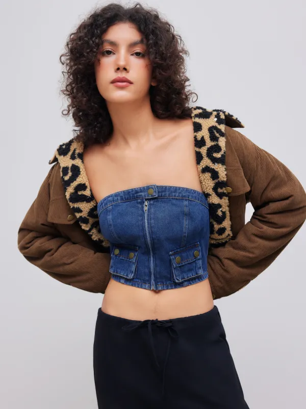 Denim Solid Button Cargo Crop Tube Top sold by Cider