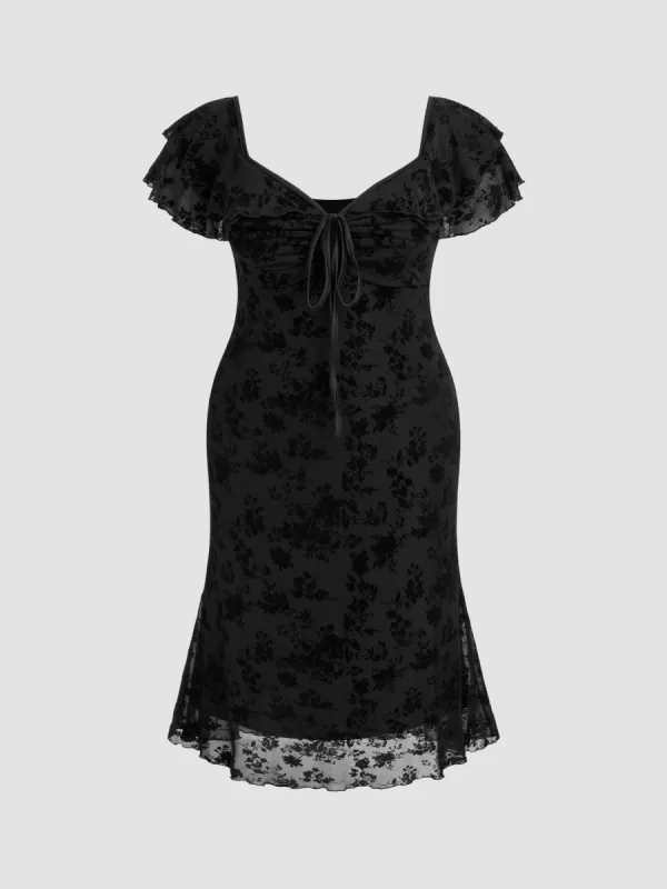 Mesh Sweetheart Neckline Floral Ruffle Knotted Maxi Dress Curve & Plus sold by Cider