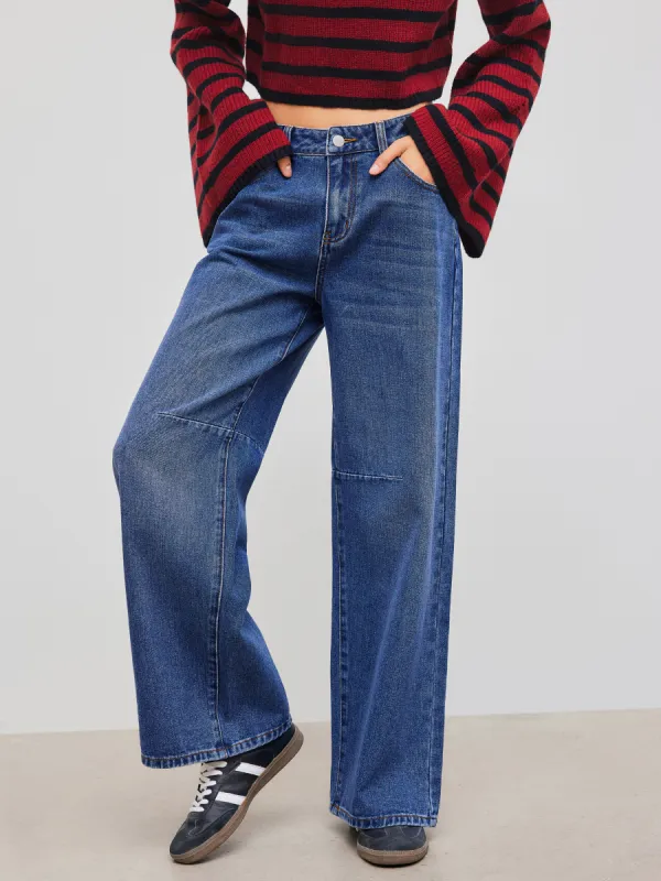 Denim Mid Rise Fire Embroidery Pocket Belted Baggy Jeans sold by Cider