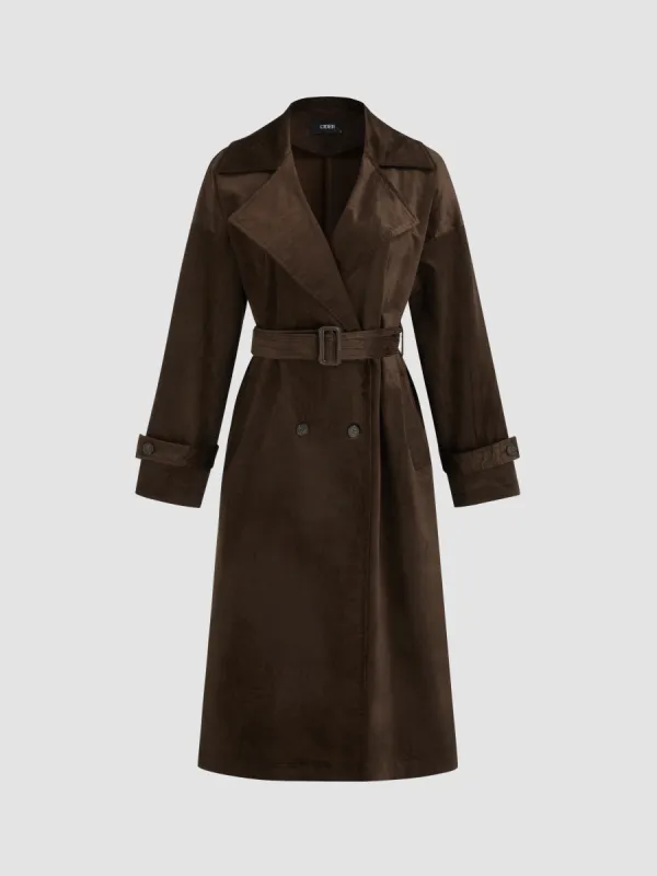 Suede Notched Collar Pocket Oversized Trench Coat With Belt sold by Cider