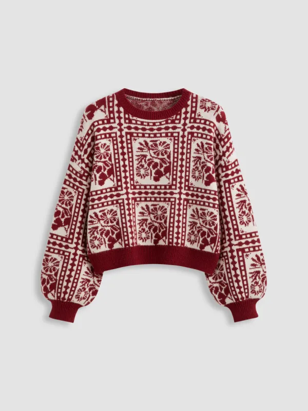 Knit Round Neckline Aztec Floral Long Sleeve Sweater Curve & Plus sold by Cider