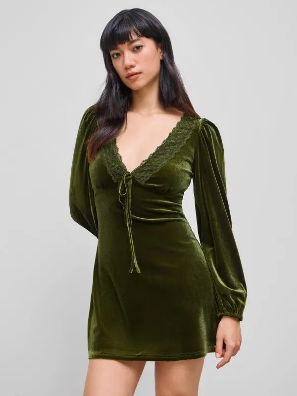 Velvet V-neck Solid Lace Trim Knotted Mini Dress sold by Cider