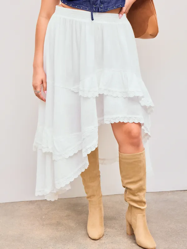 100% Cotton Mid Rise Solid Broderie Anglaise Ruffle Asymmetrical Hem Layered Maxi Skirt Curve & Plus sold by Cider