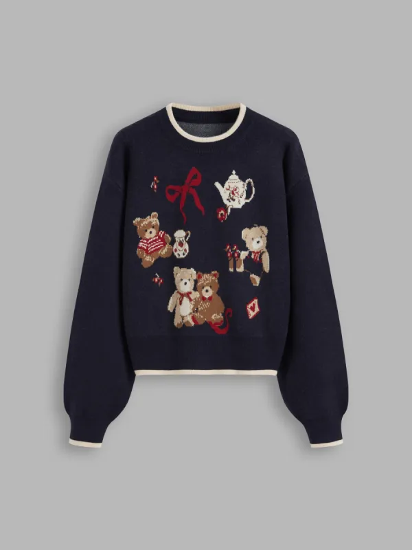 Knit Round Neckline Bear Bowknot Contrasting Binding Long Sleeve Top sold by Cider
