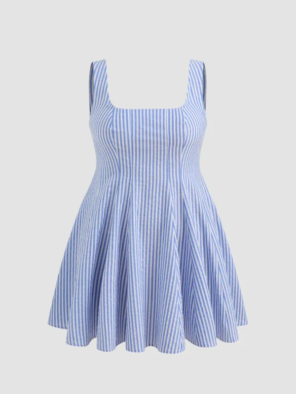 Cotton-blend Square Neck Striped Ruffle Zipper Mini Dress Curve & Plus sold by Cider