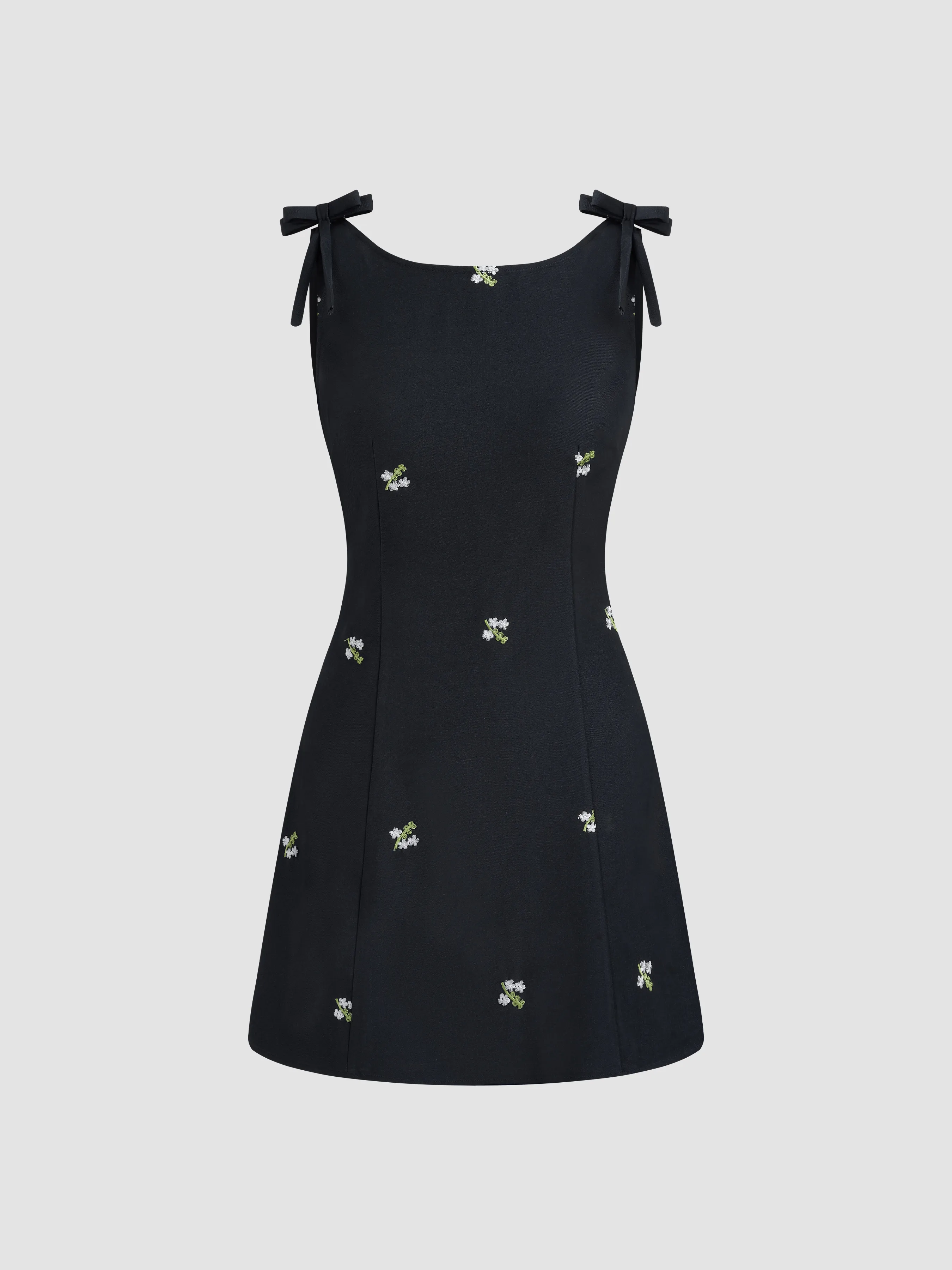 Boat Neck Floral Embroidery Bowknot Mini Dress sold by Cider