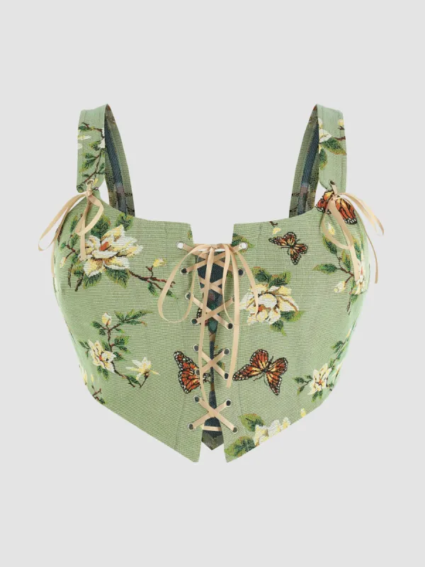 Floral & Butterfly Lace Up Tank Top Curve & Plus sold by Cider