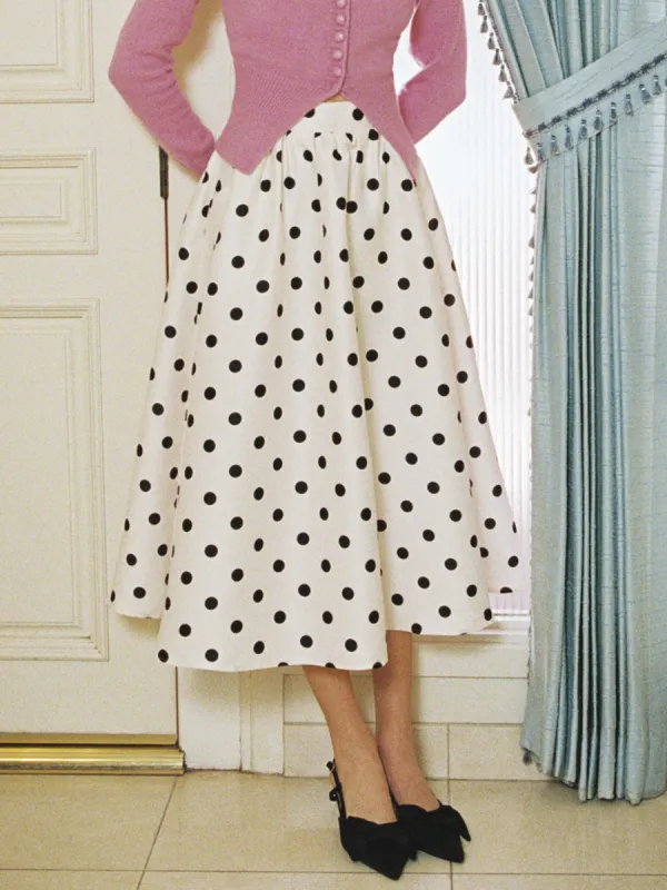 Mid Rise Polka Dot Pocket Ruffle Maxi Skirt sold by Cider