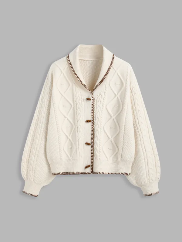 Cable Knit Collar Solid Contrasting Binding Toggle Button Cardigan sold by Cider