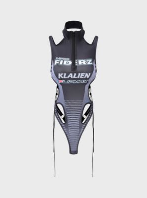 Edgy Gray Letter Lace Up Zip Cyberpunk Bodysuit sold by Kollyy