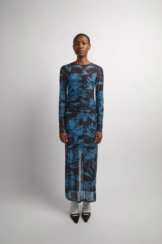 Printed Mesh O-neck Ruched Long Dress - Blue Shadow sold by Social Studies Shop