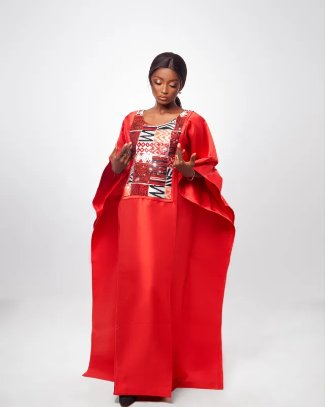 Red Jewelled Satin and African Print Dress Boubou sold by Folklore Shop