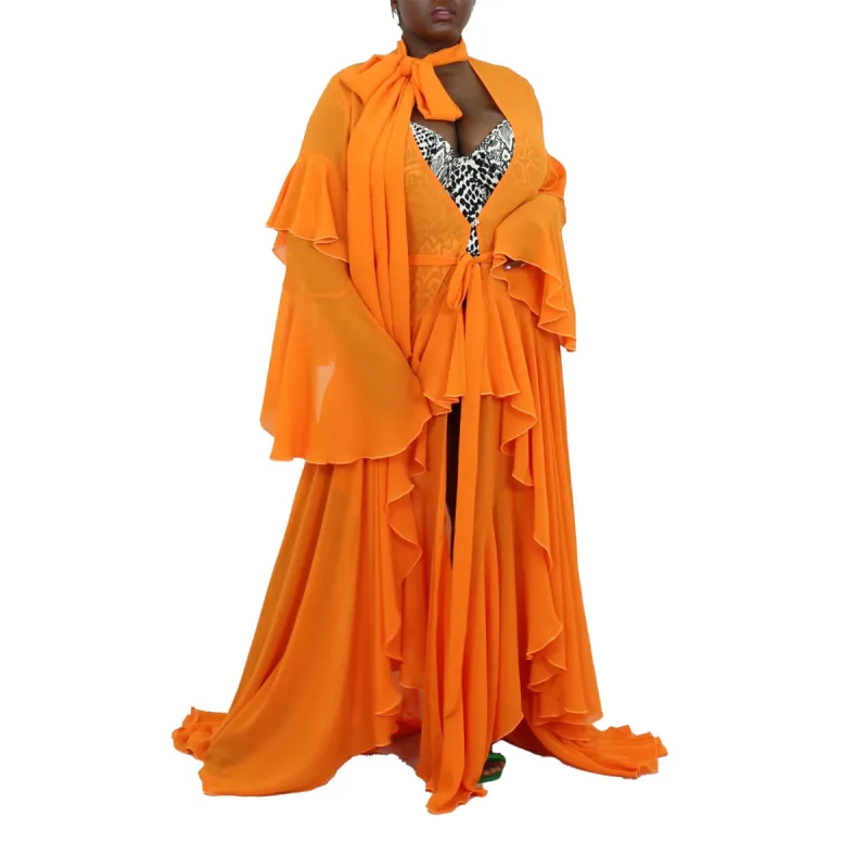 Korinne Deluxe Kaftan With Neck Tie-Neon Orange sold by Folklore Shop