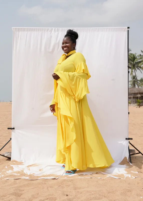 Korinne Deluxe Long Sleeves Wrap Dress-Yellow sold by Folklore Shop