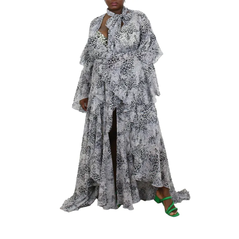 Korinne Deluxe Kaftan With Neck Tie-Black & White Cheetah Print sold by Folklore Shop