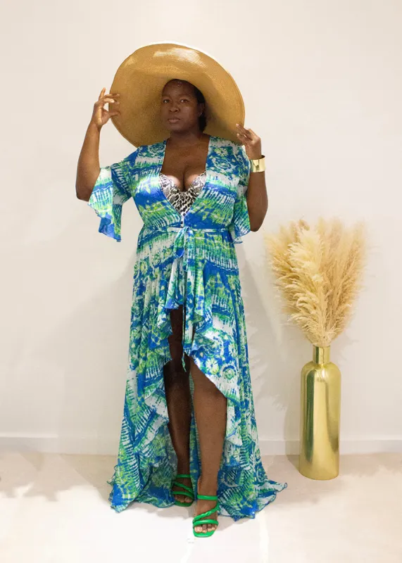 Korinne Standard Kaftan-Blue & Green Batik Print sold by Folklore Shop