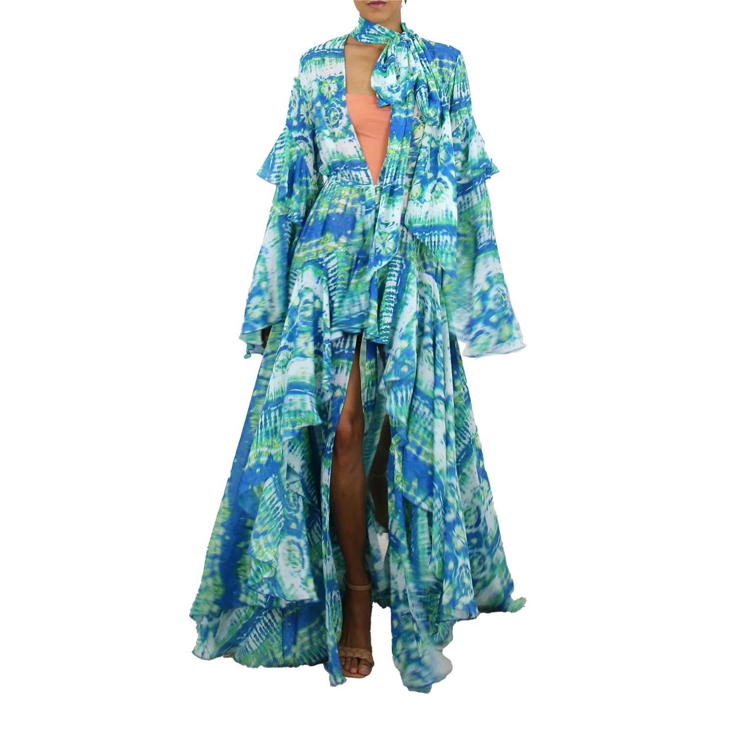 Korinne Deluxe Kaftan With Neck Tie-Blue & Green Batik Print sold by Folklore Shop