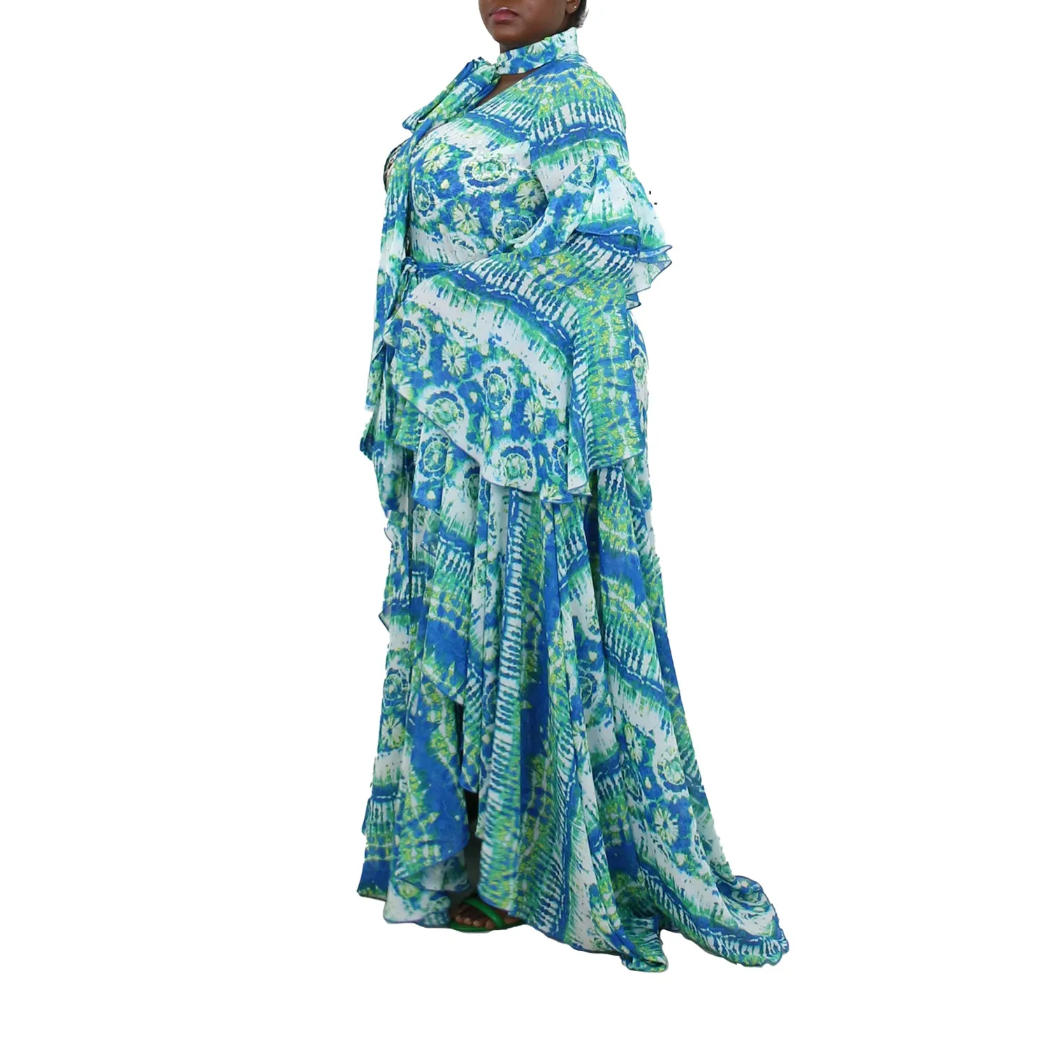 Korinne Deluxe Kaftan With Neck Tie-Blue & Green Batik Print sold by Folklore Shop product image thumbnail 2