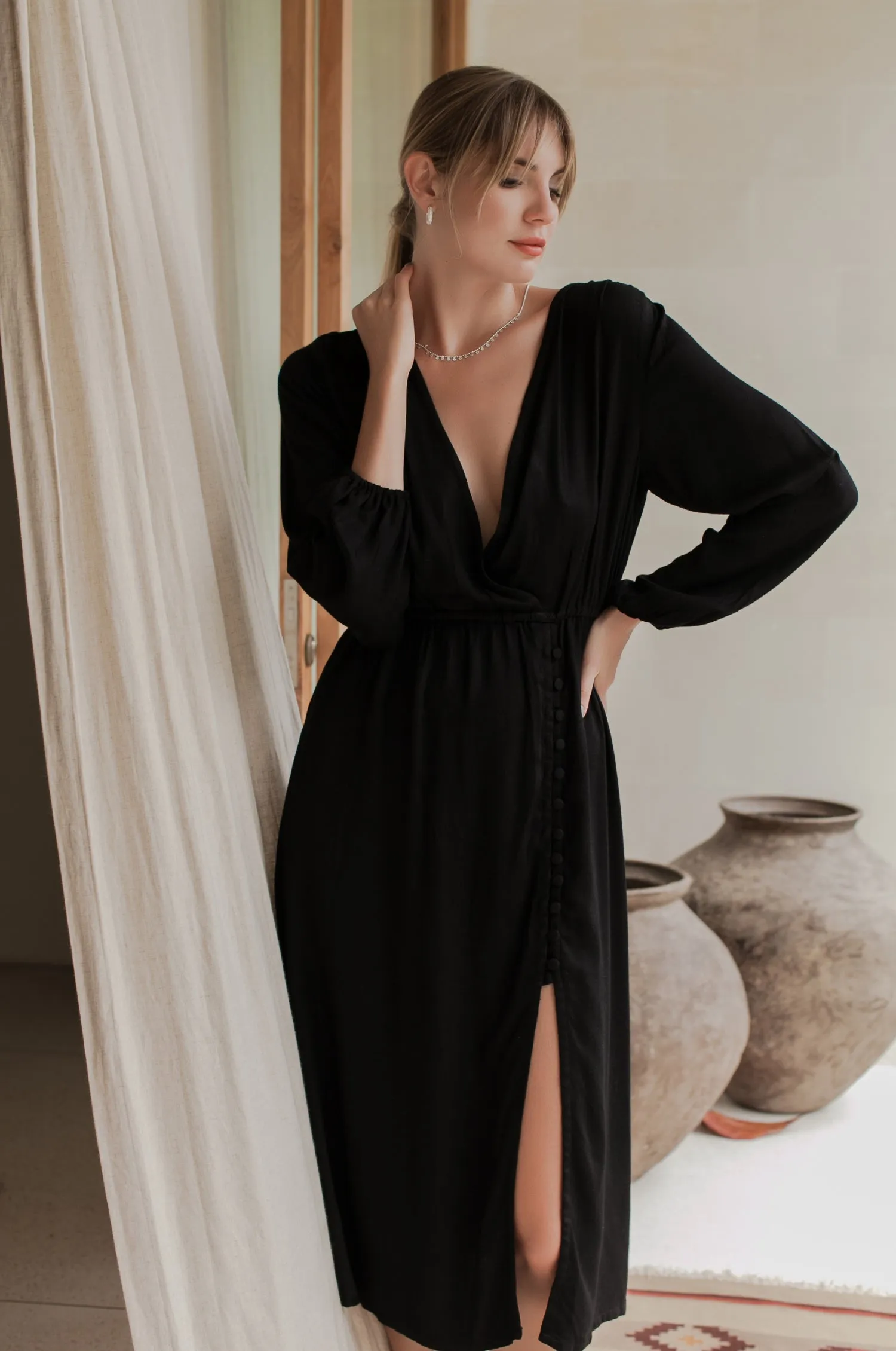 Greta Long Sleeve Midi Dress - Black sold by Folklore Shop