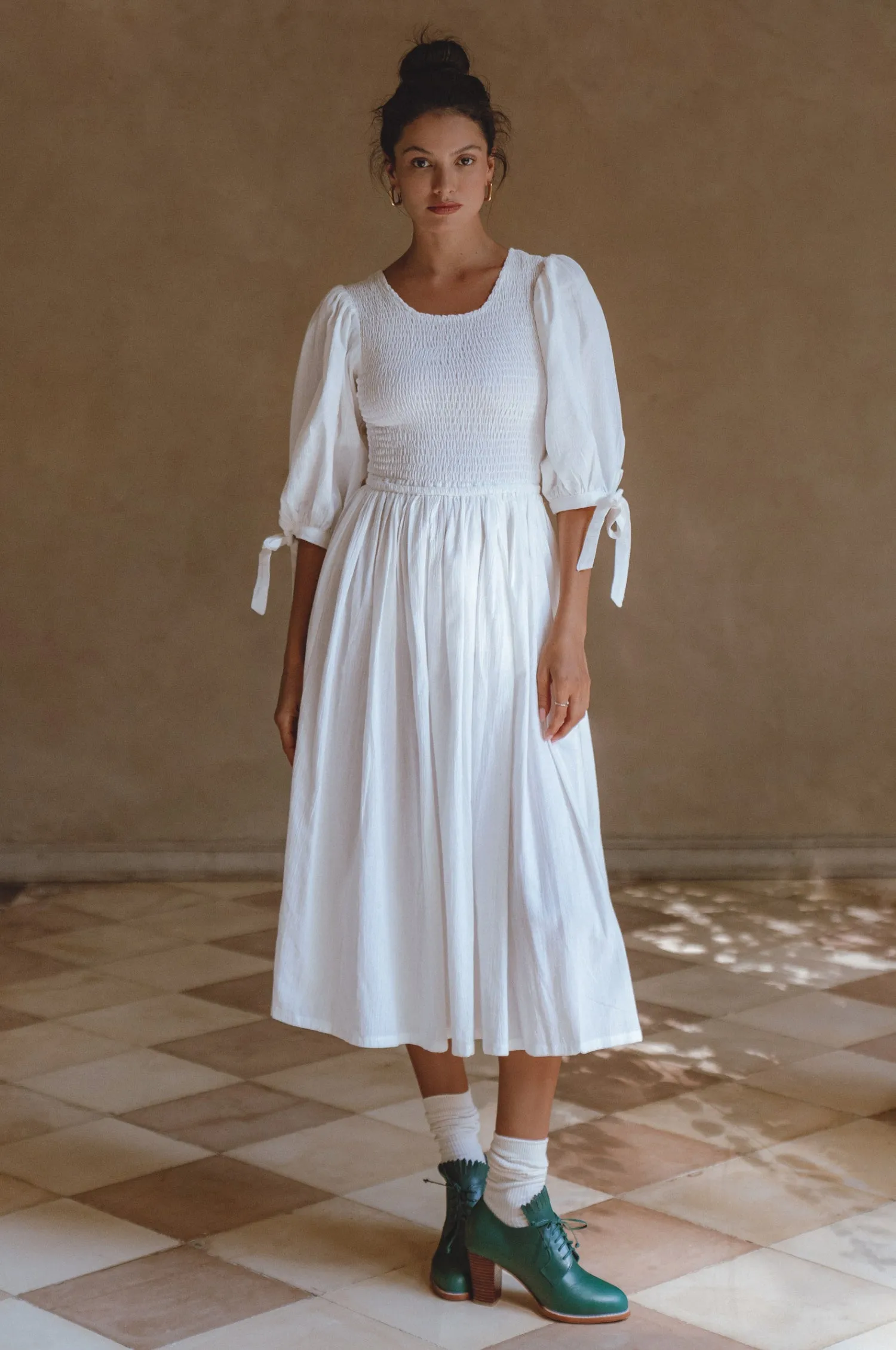 Freya Smocked Linen Midi Dress - White sold by Folklore Shop