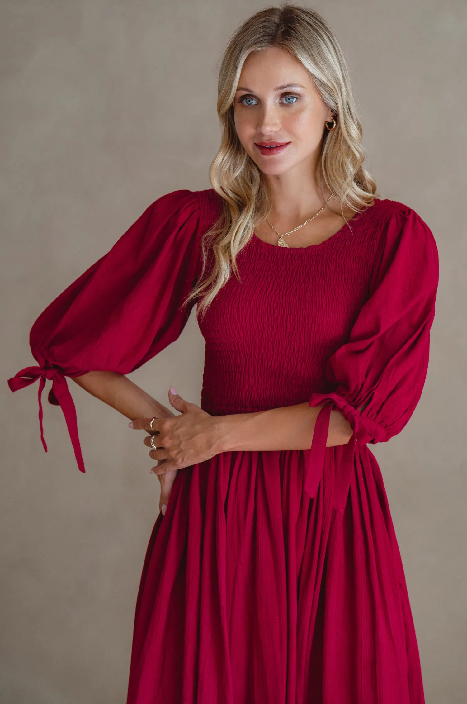 Freya Smocked Linen Midi Dress - Sangria sold by Folklore Shop product image thumbnail 4