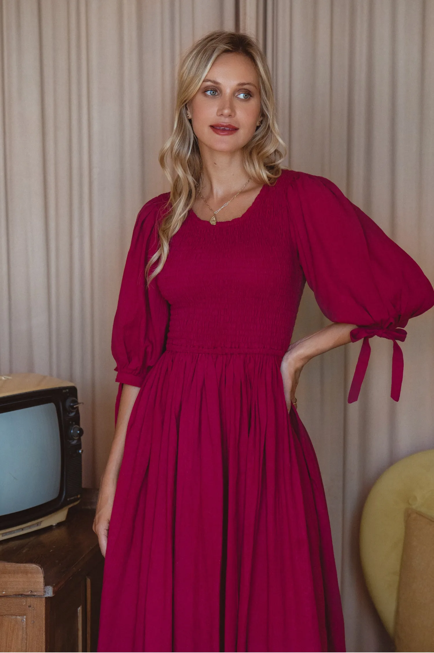 Freya Smocked Linen Midi Dress - Sangria sold by Folklore Shop product image thumbnail 3