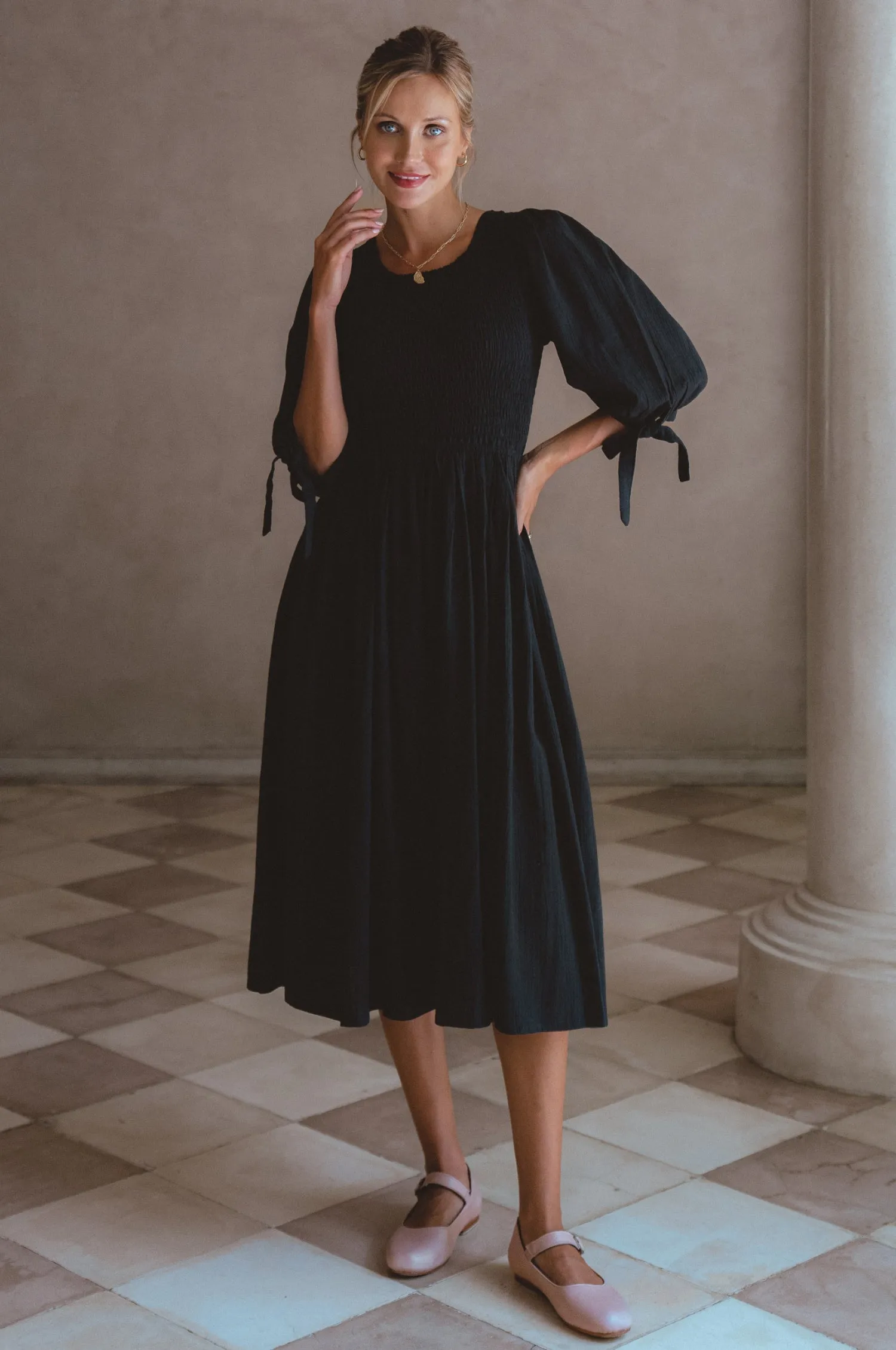 Freya Smocked Linen Midi Dress - Black sold by Folklore Shop product image thumbnail 4