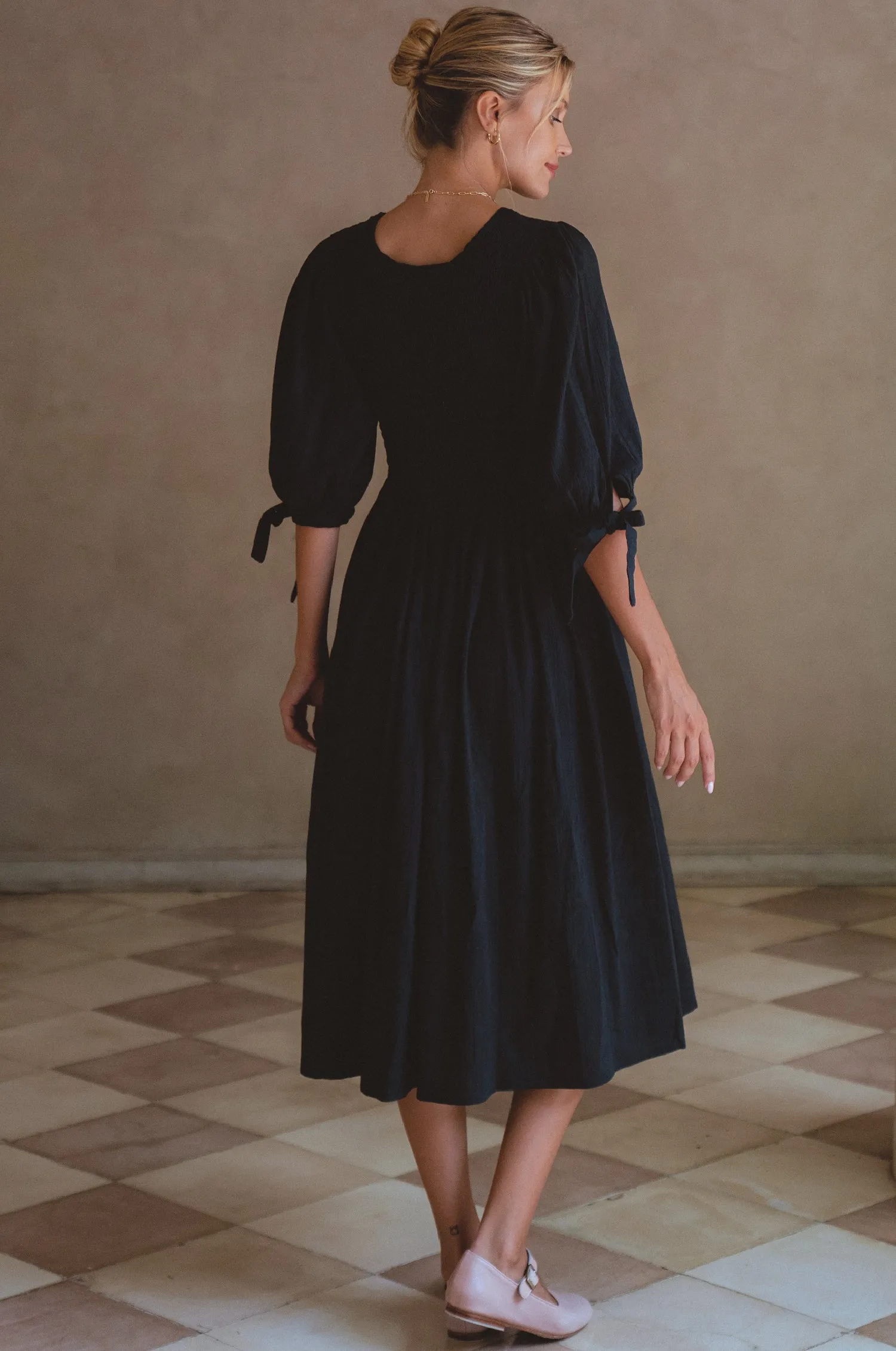 Freya Smocked Linen Midi Dress - Black sold by Folklore Shop product image thumbnail 5
