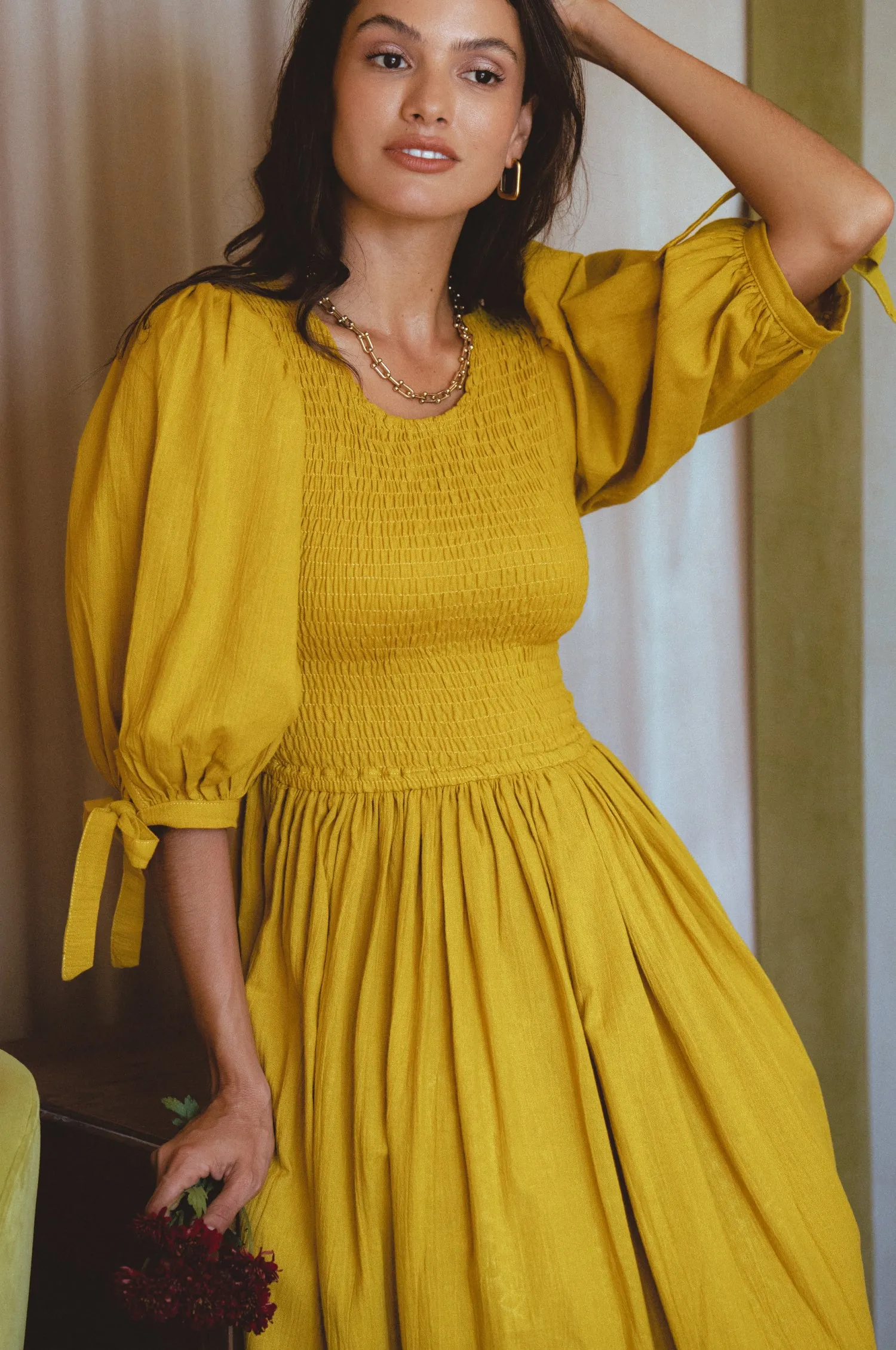 Freya Smocked Linen Midi Dress - Amber sold by Folklore Shop product image thumbnail 3