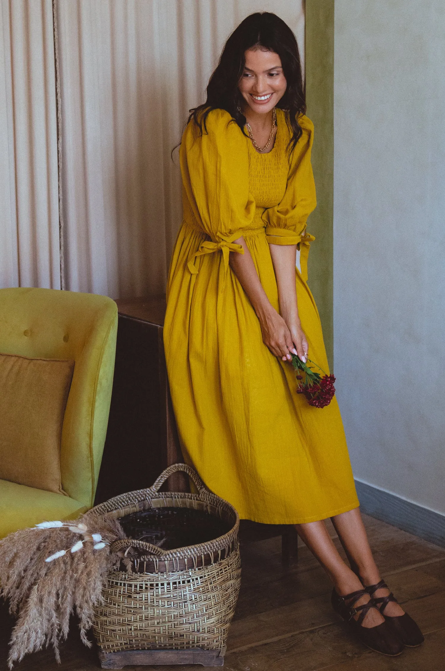 Freya Smocked Linen Midi Dress - Amber sold by Folklore Shop product image thumbnail 4