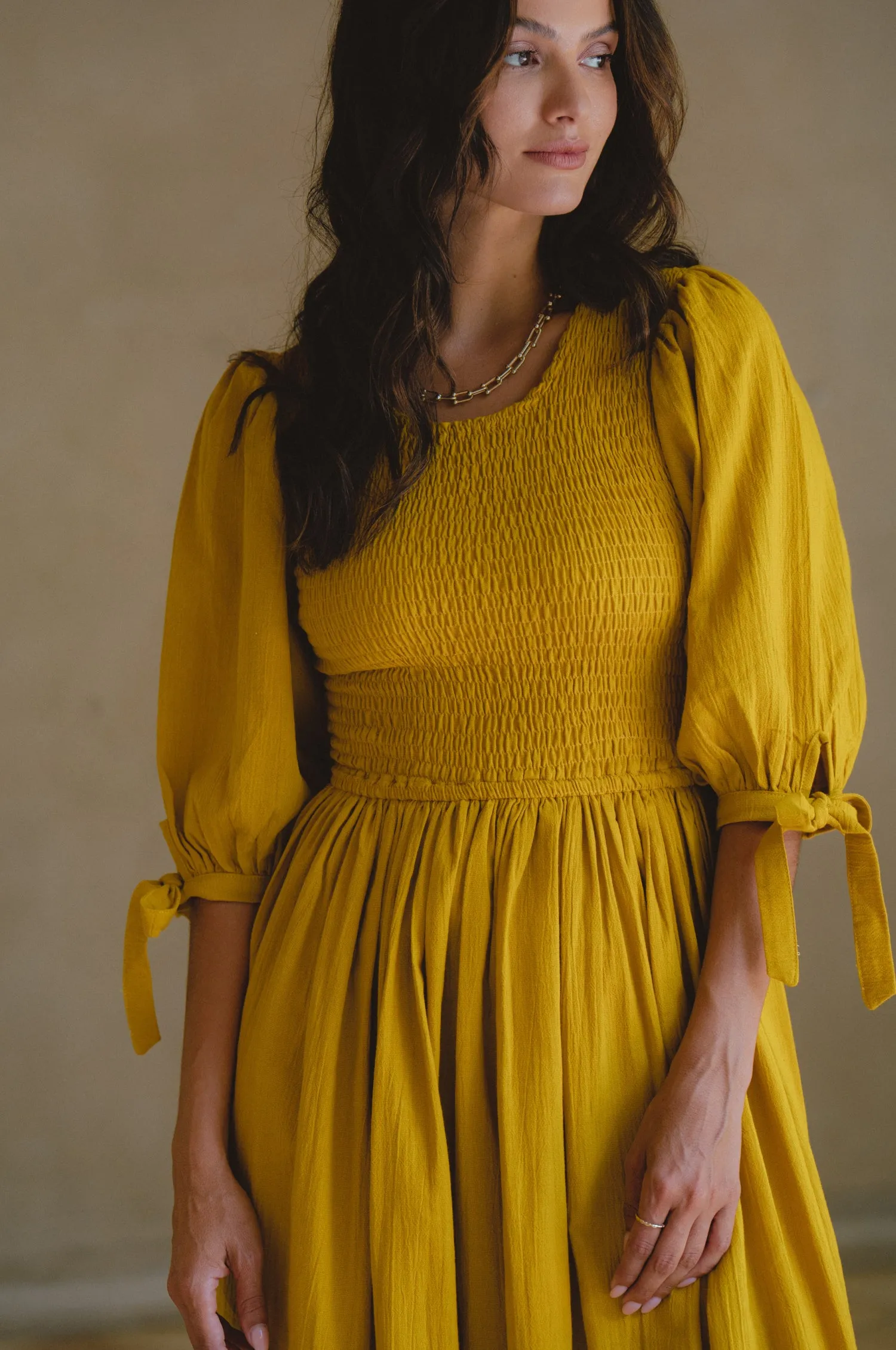 Freya Smocked Linen Midi Dress - Amber sold by Folklore Shop product image thumbnail 5