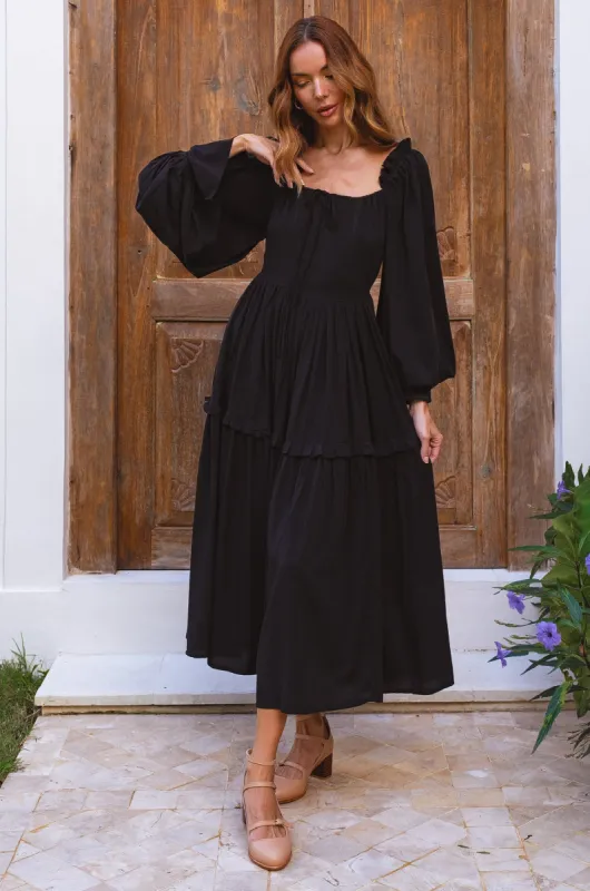 Floriana Long Sleeve Midi Dress - Black sold by Folklore Shop