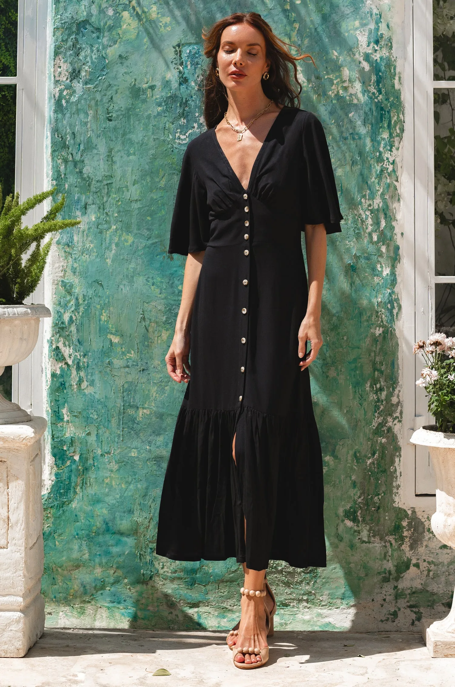 Donna Button Down Midi Dress - Black sold by Folklore Shop
