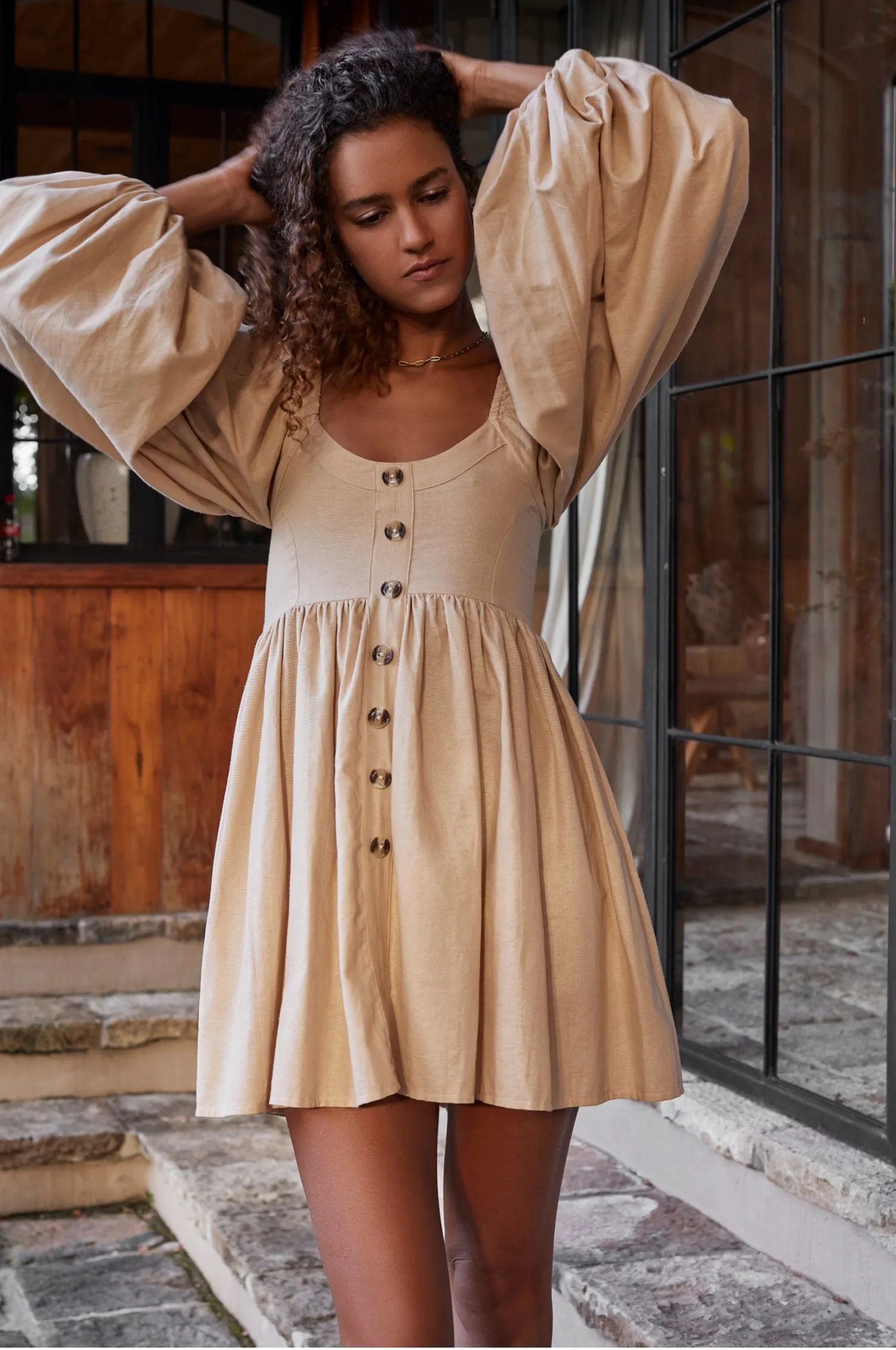 Chloie Empire Waist Linen Mini Dress - Weekend Beige sold by Folklore Shop