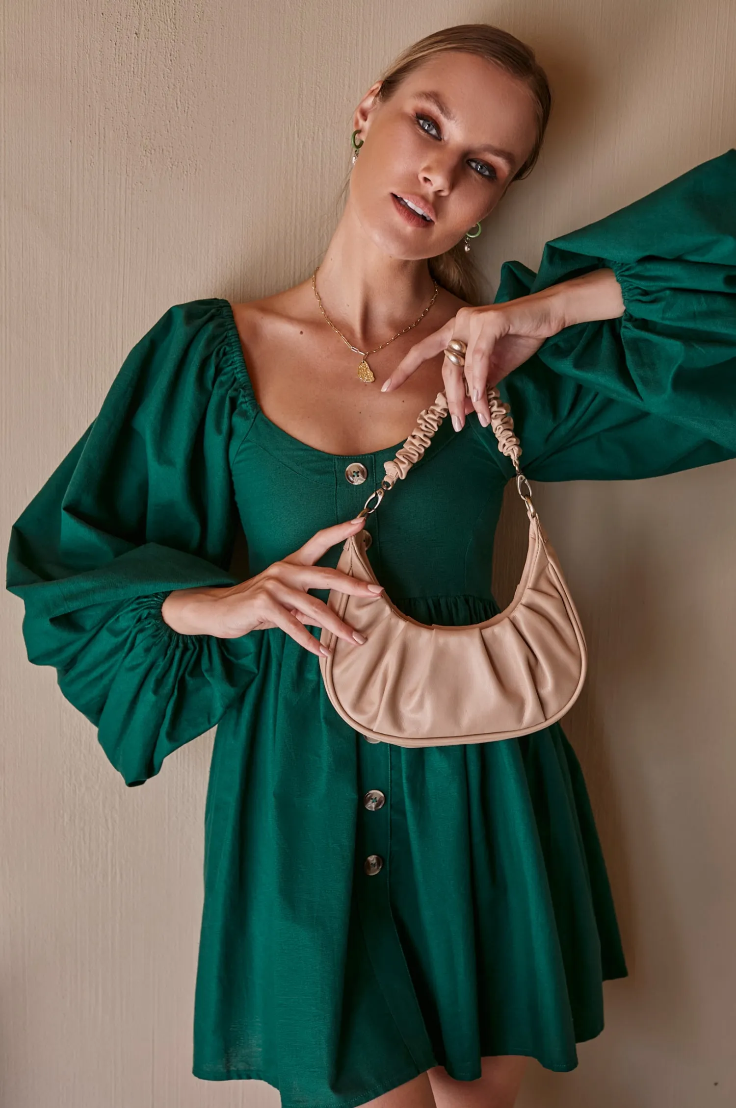 Chloie Empire Waist Linen Mini Dress - Deep Green sold by Folklore Shop product image thumbnail 2