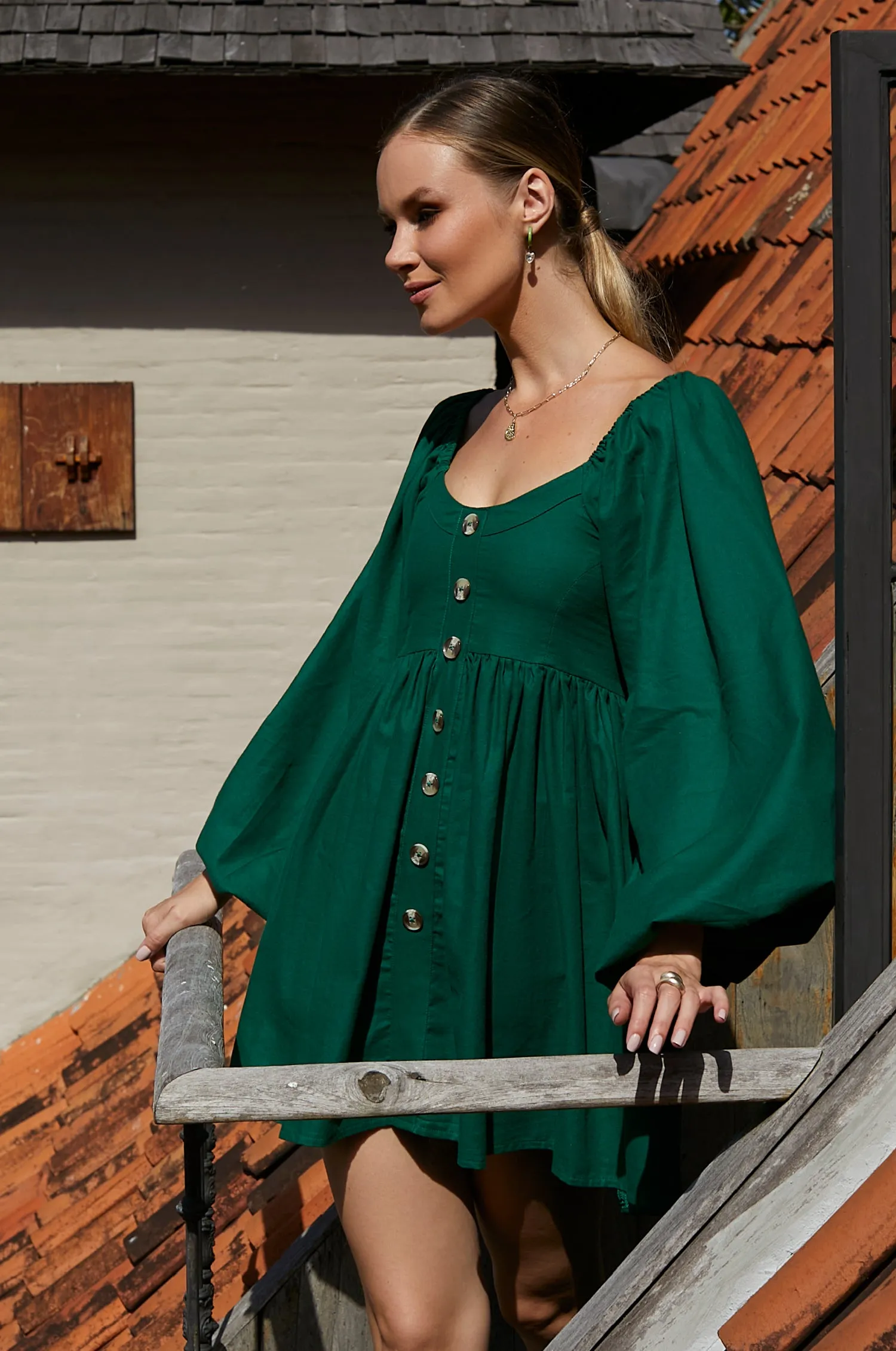 Chloie Empire Waist Linen Mini Dress - Deep Green sold by Folklore Shop product image thumbnail 3
