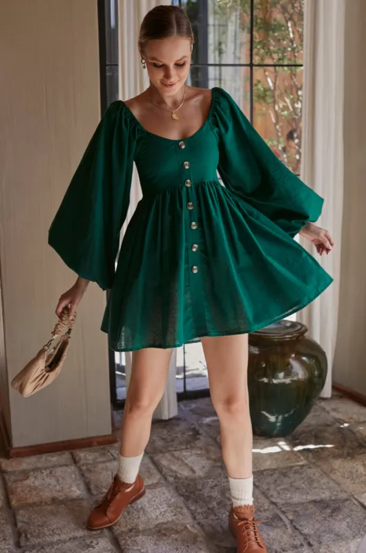 Chloie Empire Waist Linen Mini Dress - Deep Green sold by Folklore Shop