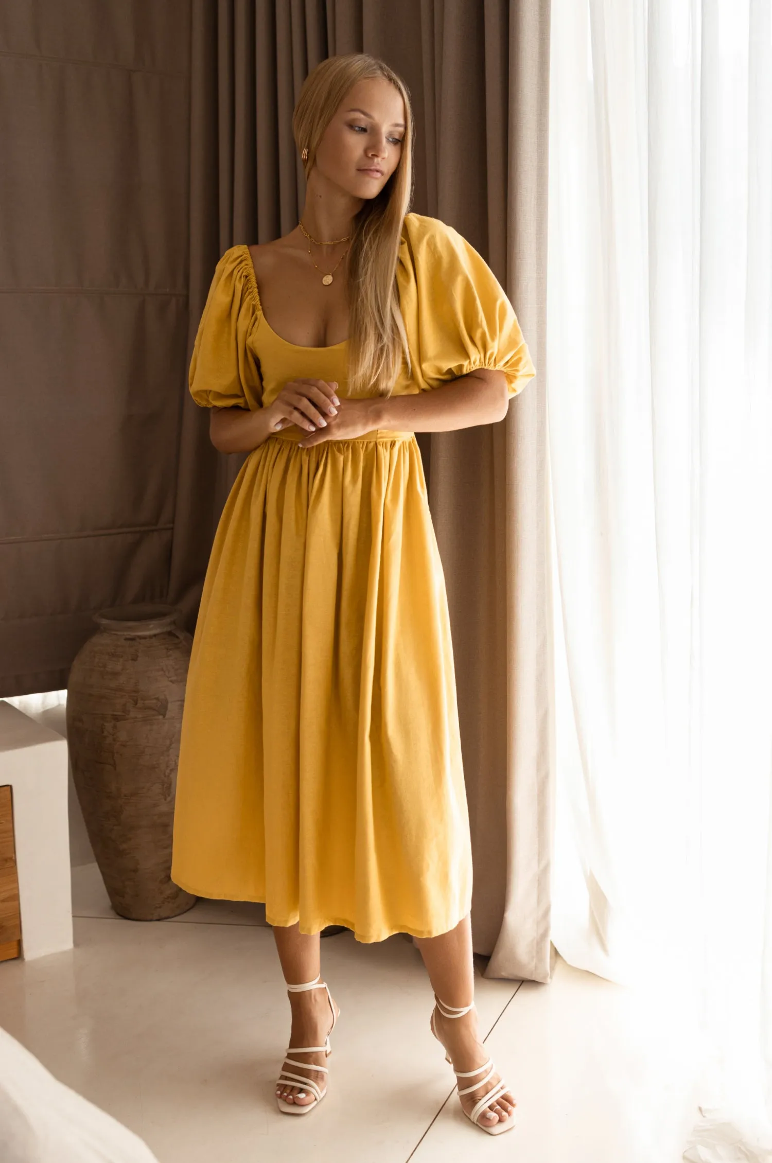 Cherie Puff Sleeve Midi Dress - Honey Cream sold by Folklore Shop