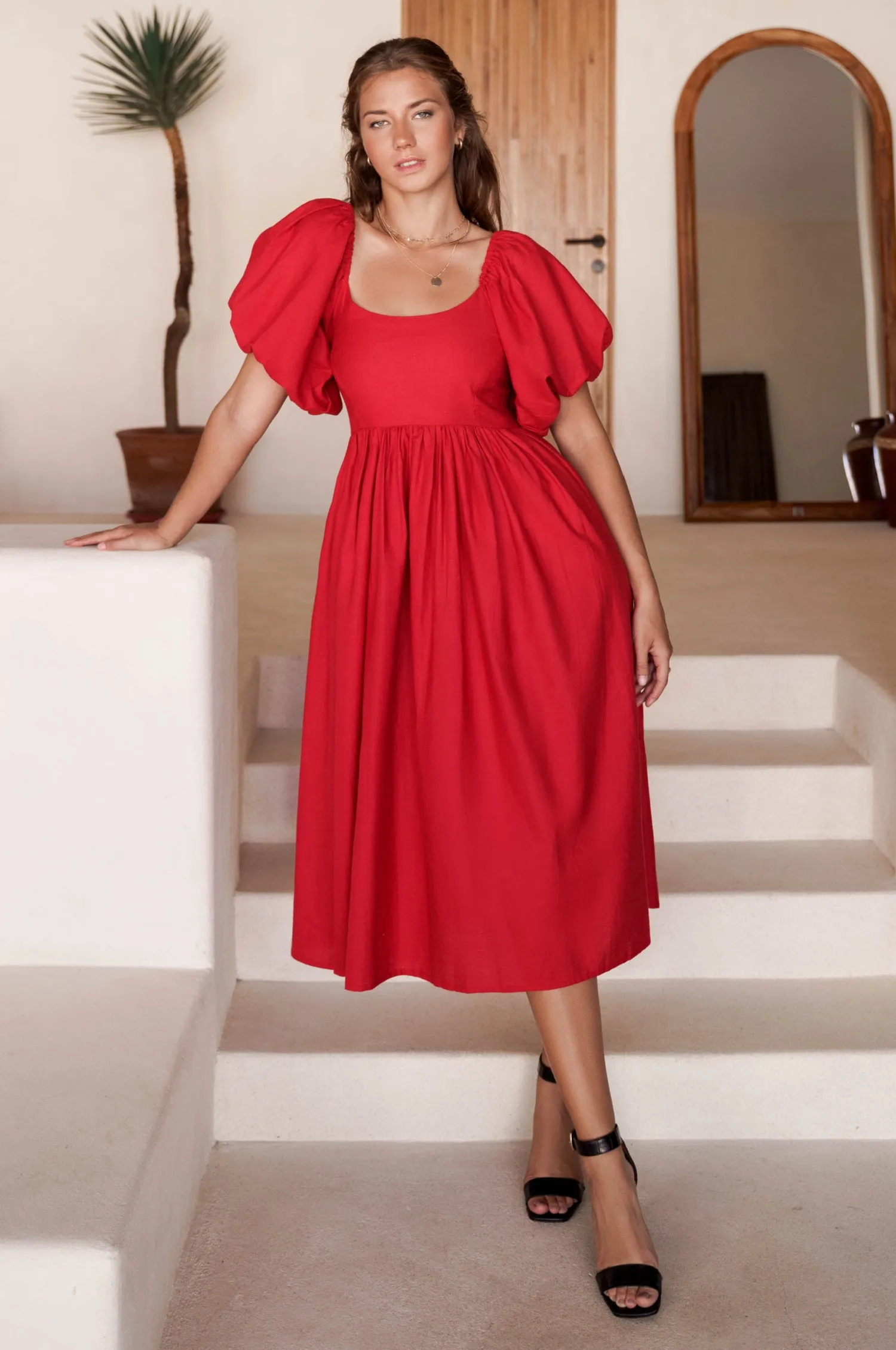 Cherie Puff Sleeve Midi Dress - Red sold by Folklore Shop