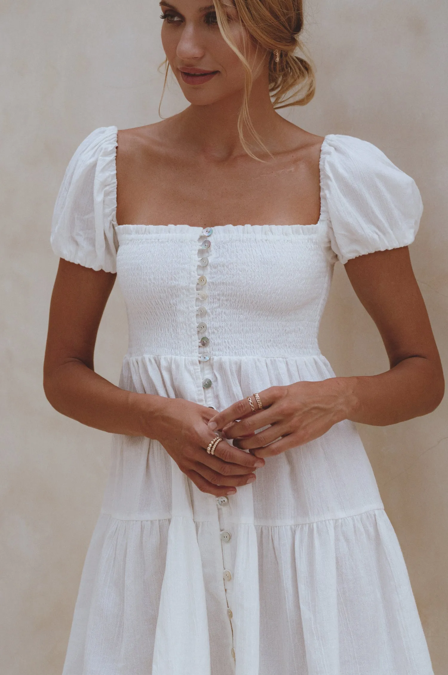 Catalina Smocked Linen Mini Dress - White sold by Folklore Shop product image thumbnail 2