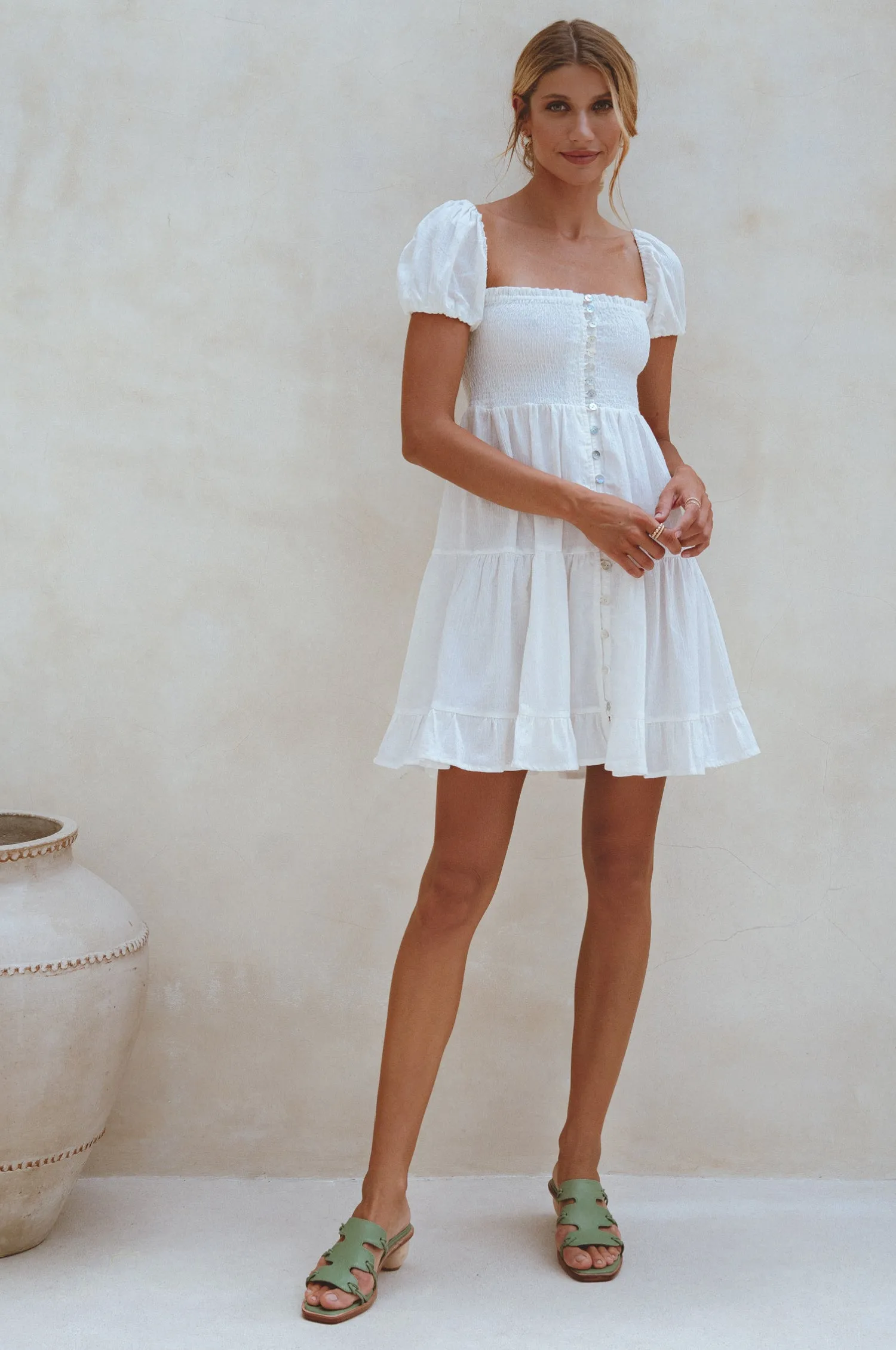 Catalina Smocked Linen Mini Dress - White sold by Folklore Shop