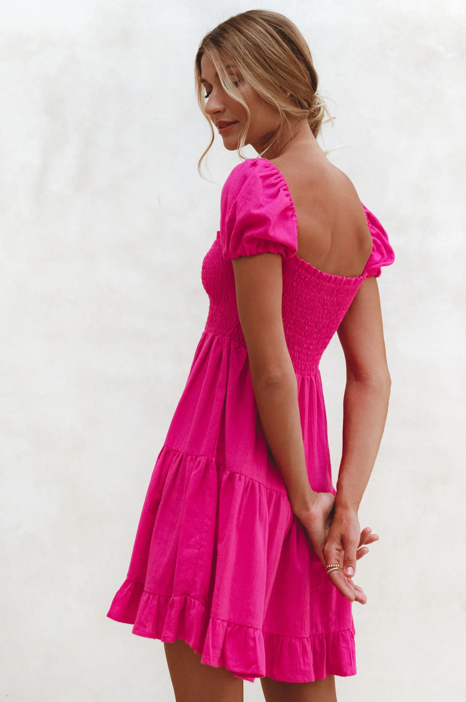 Catalina Smocked Linen Mini Dress - Magenta sold by Folklore Shop product image thumbnail 5